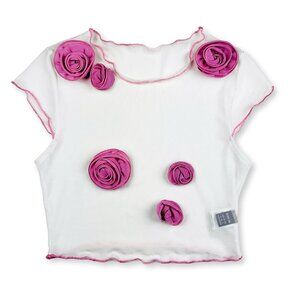 Pre-Owned Sheen Sheer Mesh Top – Size M – White w/ Pink Rosettes